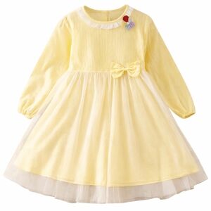 Yellow Dress, Girl Easter Sz 4T, Tulle Overlay, Long Sleeve, Eyelet Pearl Flower